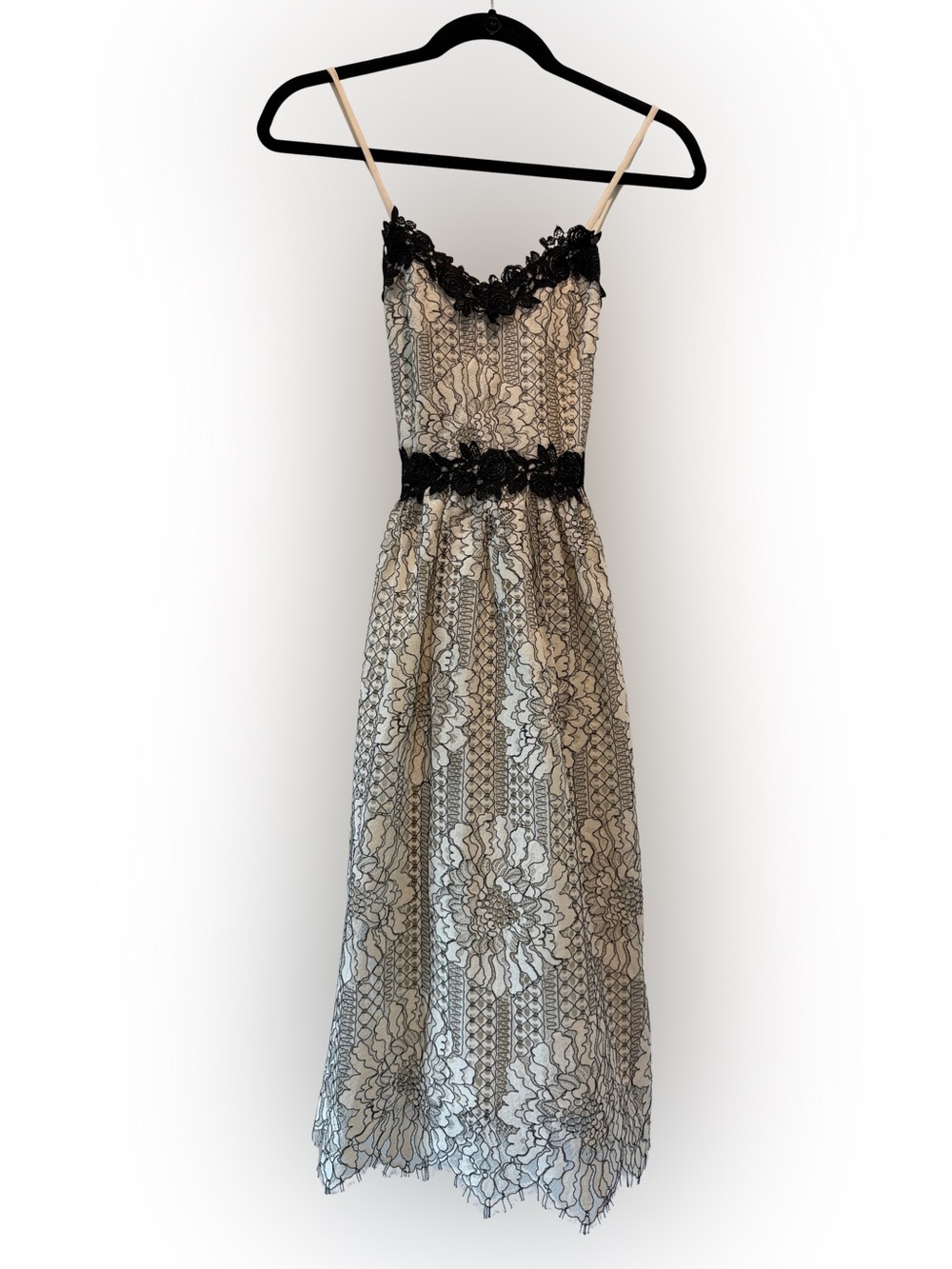 Ivory Midi Dress with Black Lace Accents